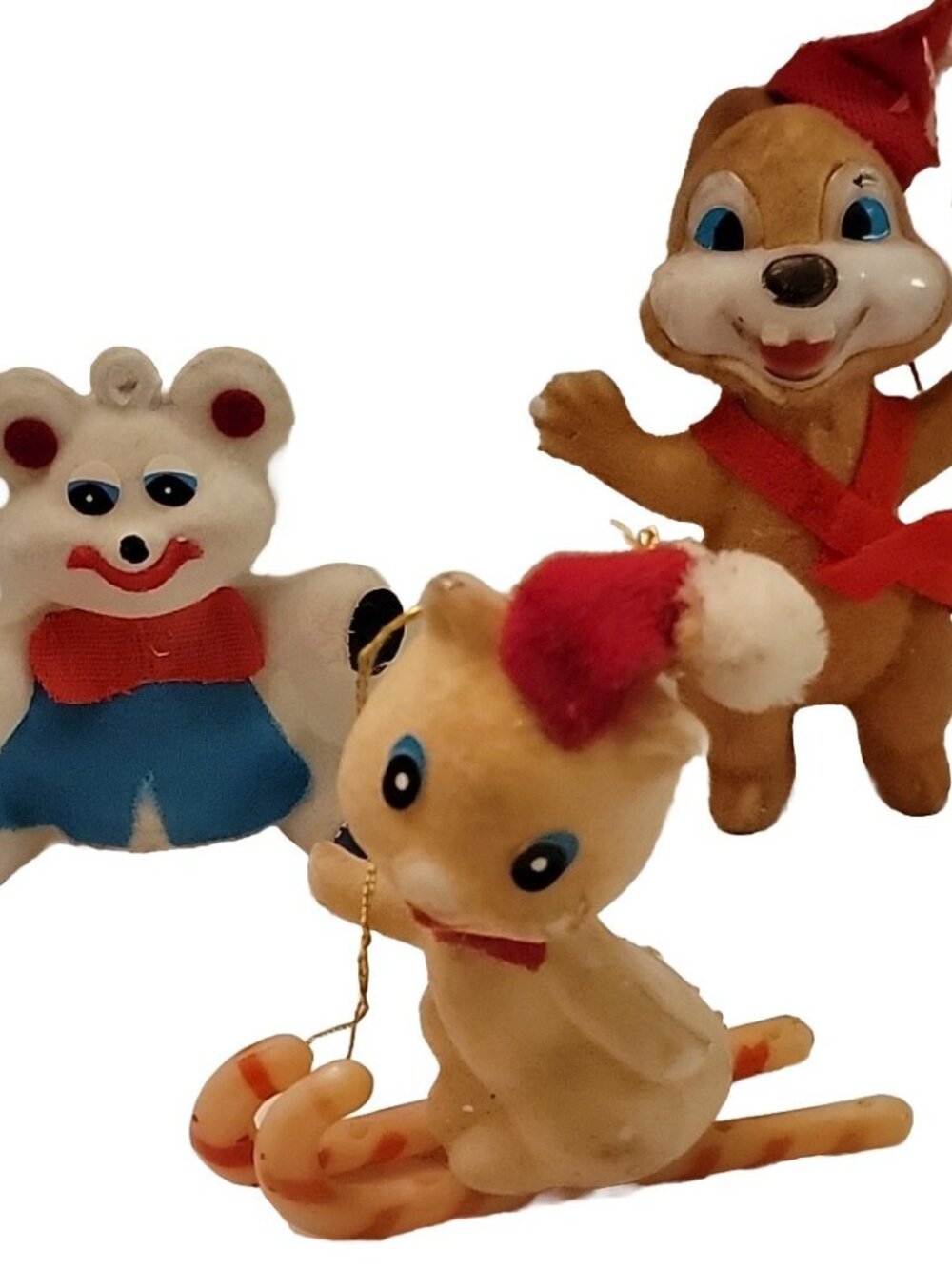 Vintage Anthropomorphic Christmas Ornaments Mouse Chipmunk Bear Flocked Felt